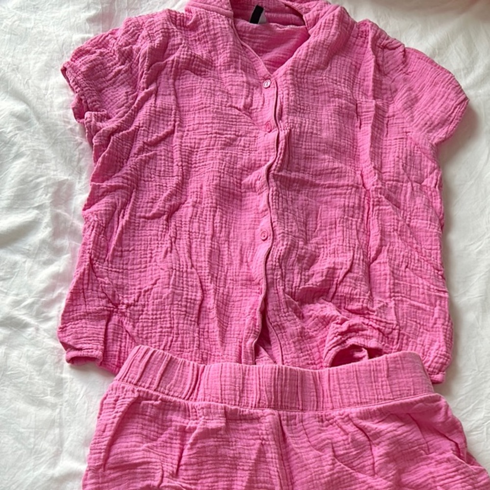 Pink Button-Up Top and Shorts Set